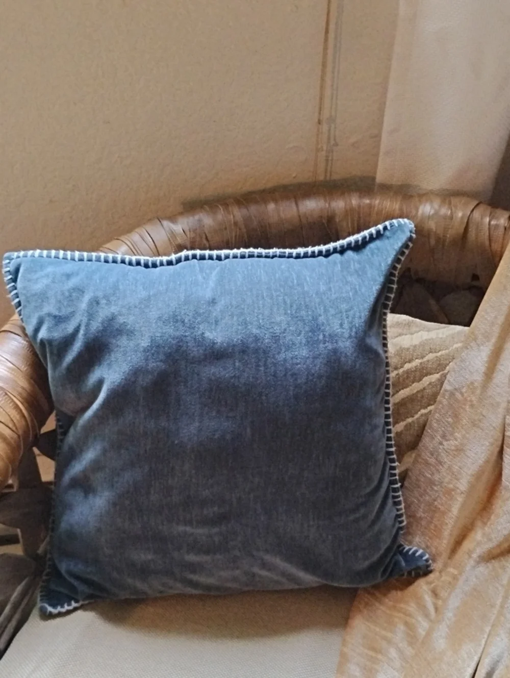 Cozy Velvety Denim-Look Pillow Cover with Whipstitch Edge - Blue